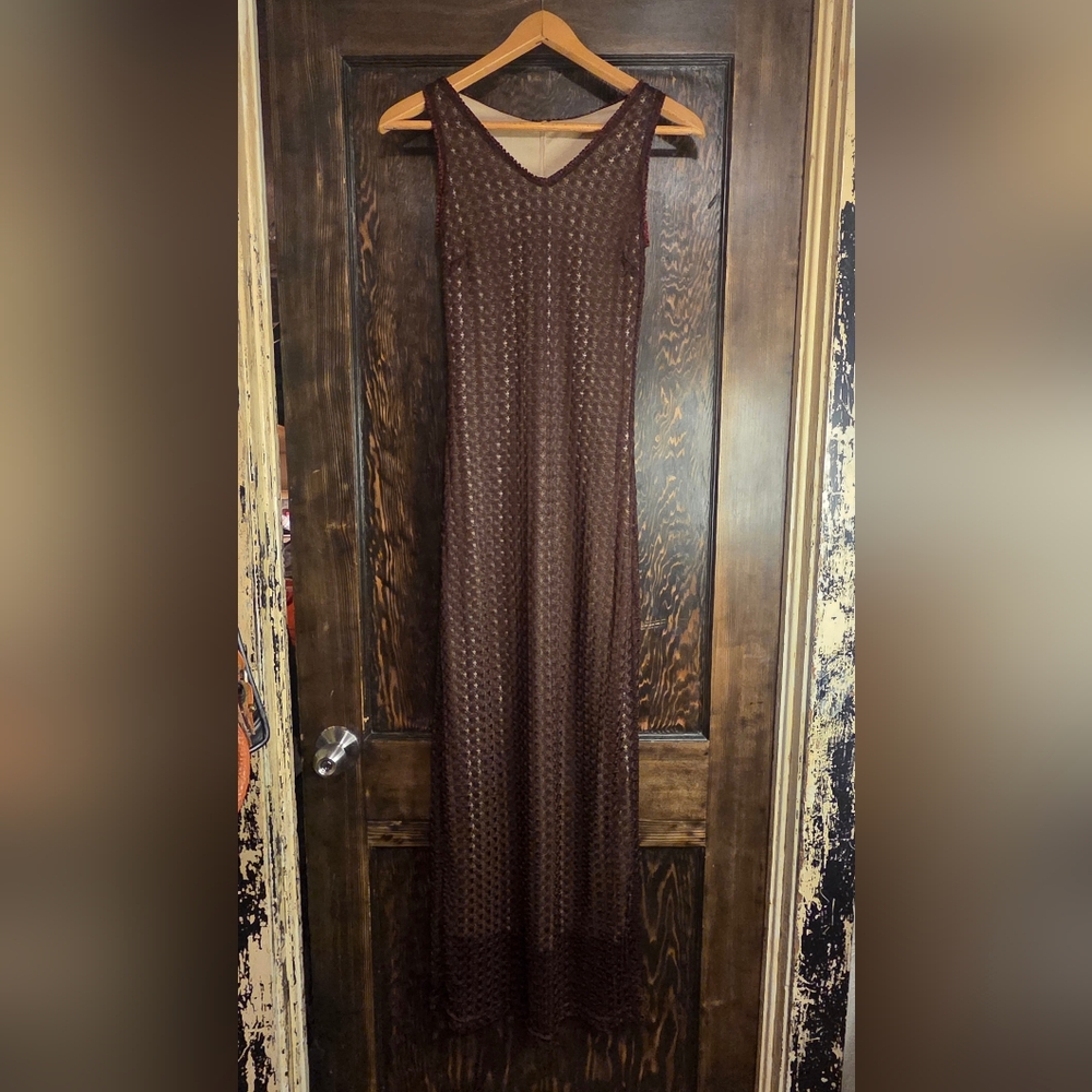 Vintage Y2k 90s Elegant ENT Entrancy Long Brown Crochet Knit Maxi Dress